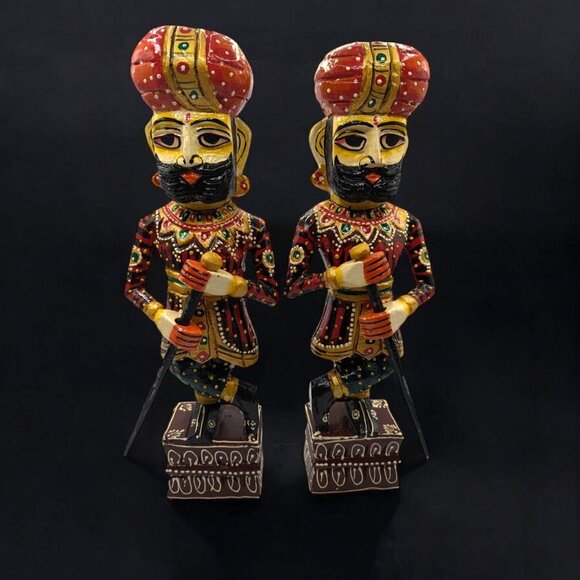 Pair of rajasthani wooden statue handicraft painted royal gate keeper watch man - Picture 1 of 12